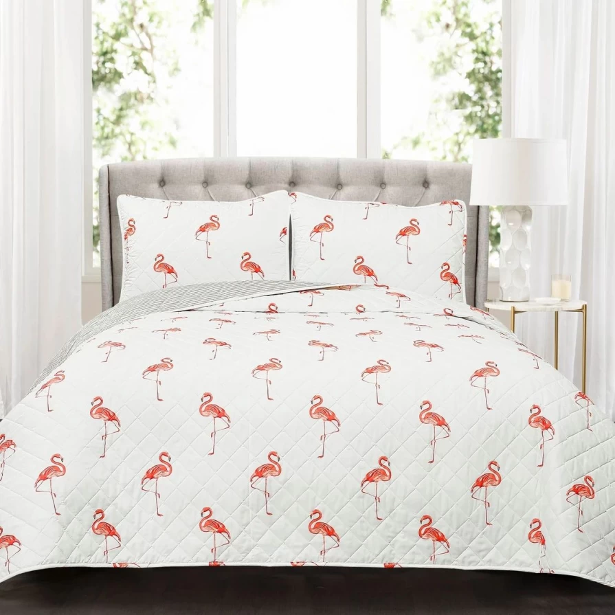 "Kelly Flamingo 3-Piece Quilt Set by Lush Decor - Tropical Pink Floral Bedding Collection"