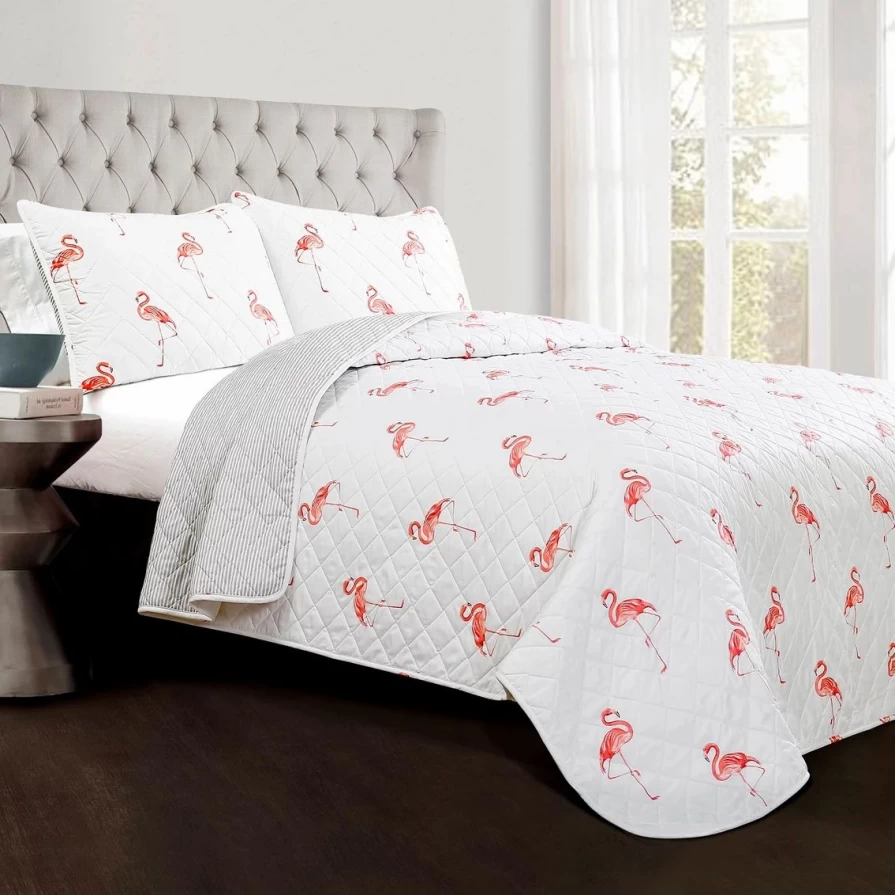 "Kelly Flamingo 3-Piece Quilt Set by Lush Decor - Tropical Pink Floral Bedding Collection"
