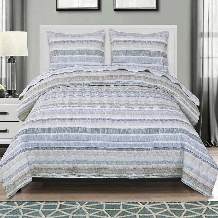 Reversible Seersucker Striped Quilt Set - 100% Cotton Blend Bedding - Enviohome Brand New Design