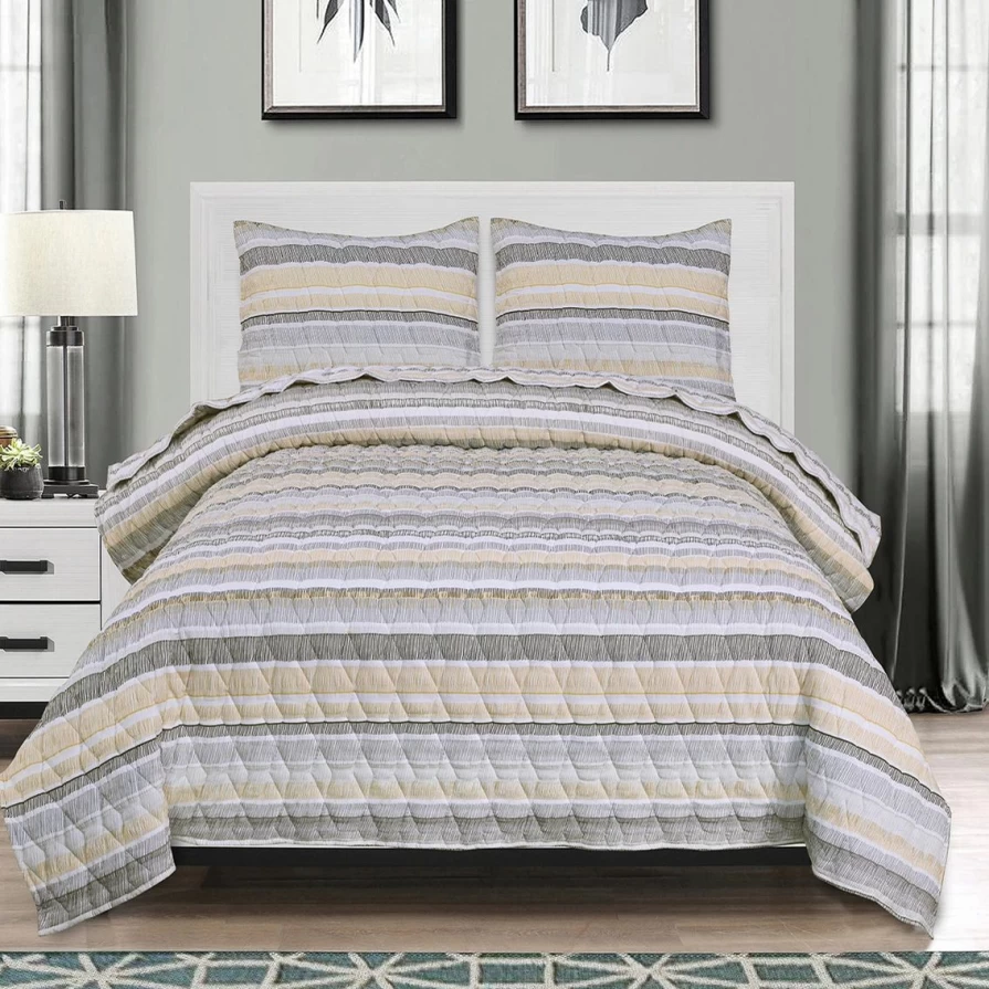 Reversible Seersucker Striped Quilt Set - 100% Cotton Blend Bedding - Enviohome Brand New Design