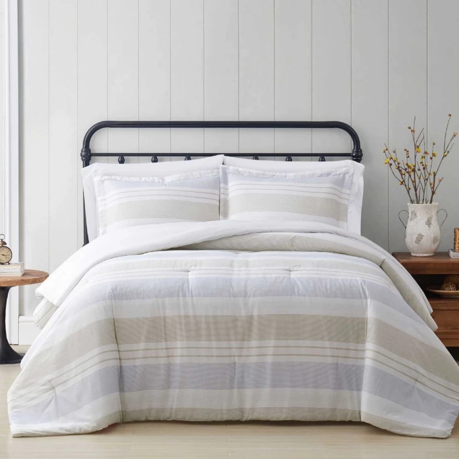 "Wholesale Blue and Tan Striped Comforter Set - Cottage Classics Spa Bedding Collection"