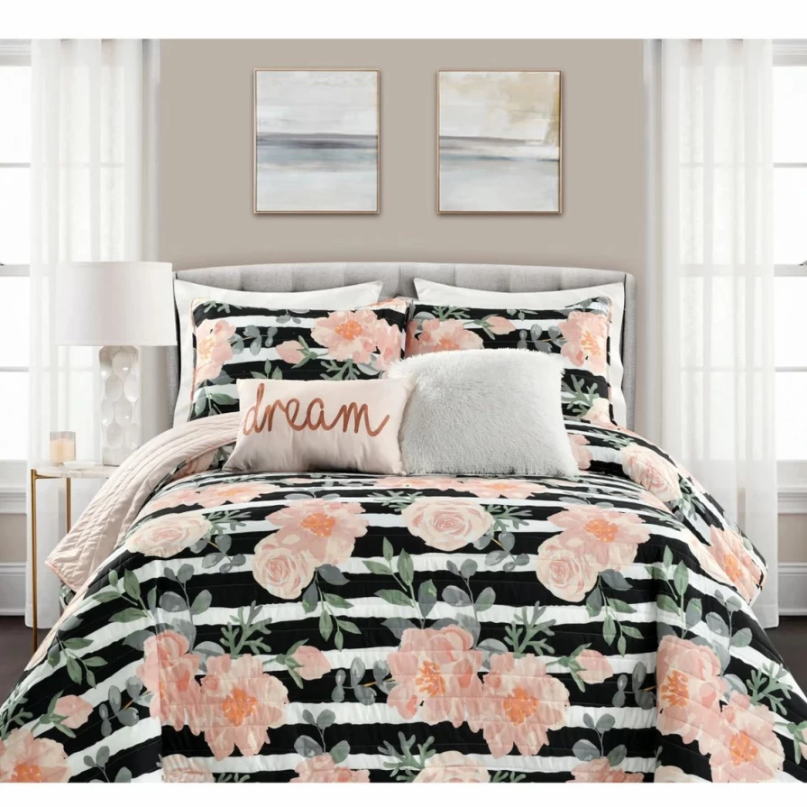 "Amara Watercolor Rose 5-Piece Quilt Set - Floral Bedding Collection by Lush Decor"