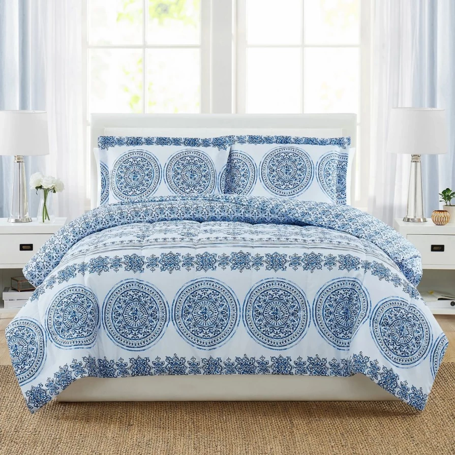 "Premium Blue Medallion Comforter Set - King/Queen Size Luxury Bedding Collection"