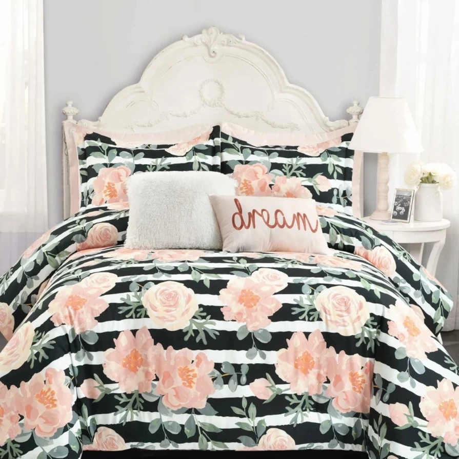 "Amara Watercolor Rose 7-Piece Comforter Set - Floral Bedding Collection by Lush Decor"