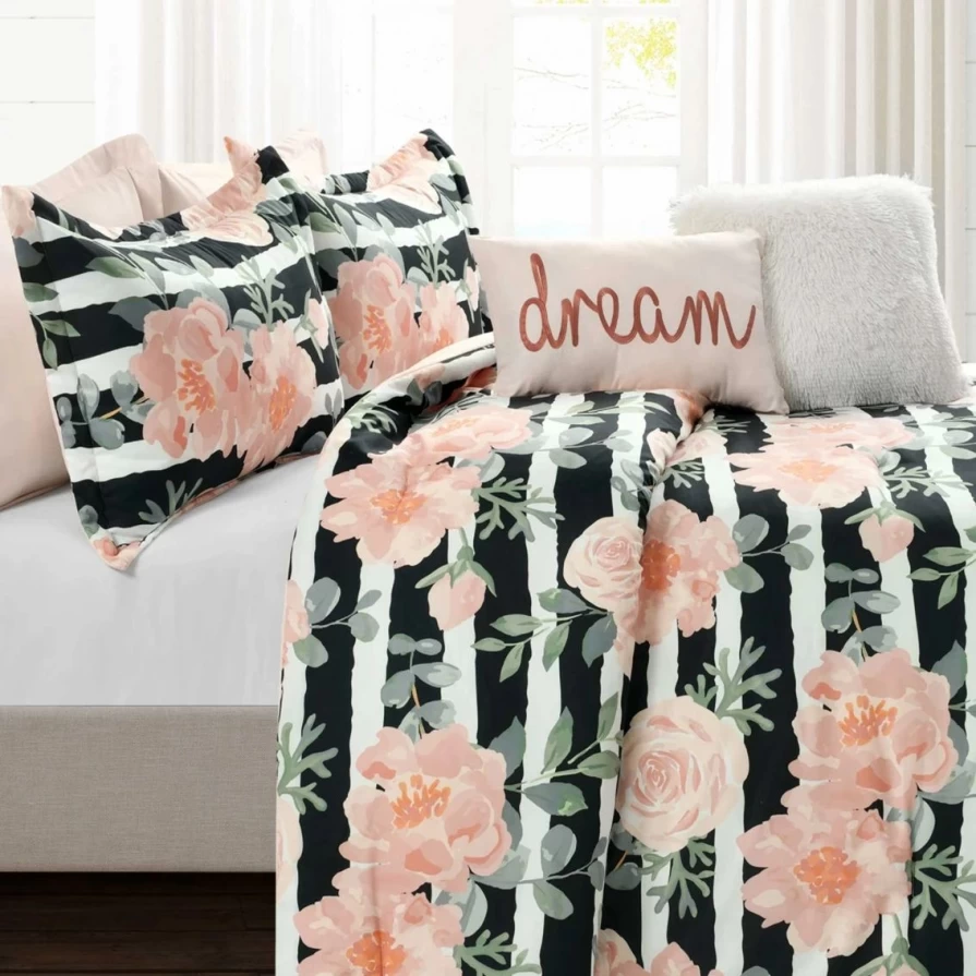 "Amara Watercolor Rose 7-Piece Comforter Set - Floral Bedding Collection by Lush Decor"