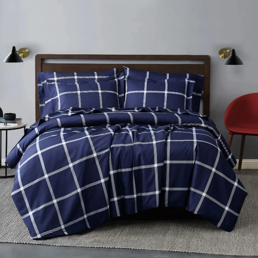 Premium Navy & White Printed Windowpane 3-Piece Duvet Cover Set - Soft Full/Queen Bedding