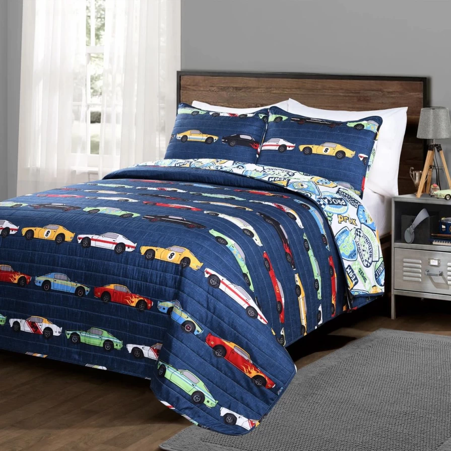 Race Car Themed Navy Blue 3-Piece Quilt Set - Lush Decor Style Bedding for Kids & Teens