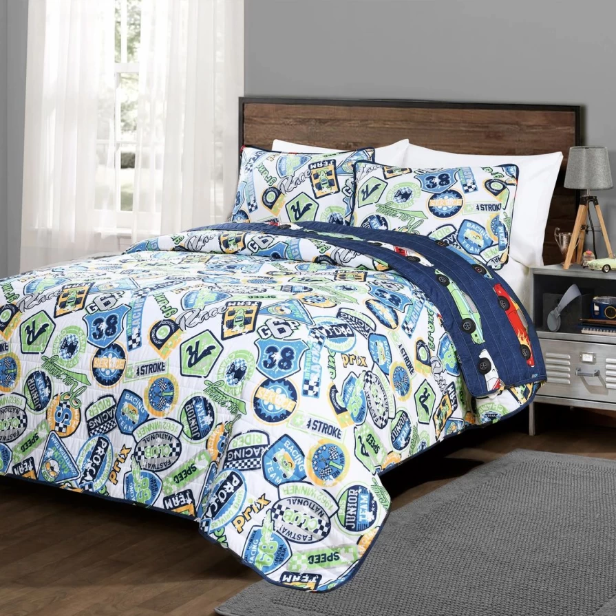 Race Car Themed Navy Blue 3-Piece Quilt Set - Lush Decor Style Bedding for Kids & Teens