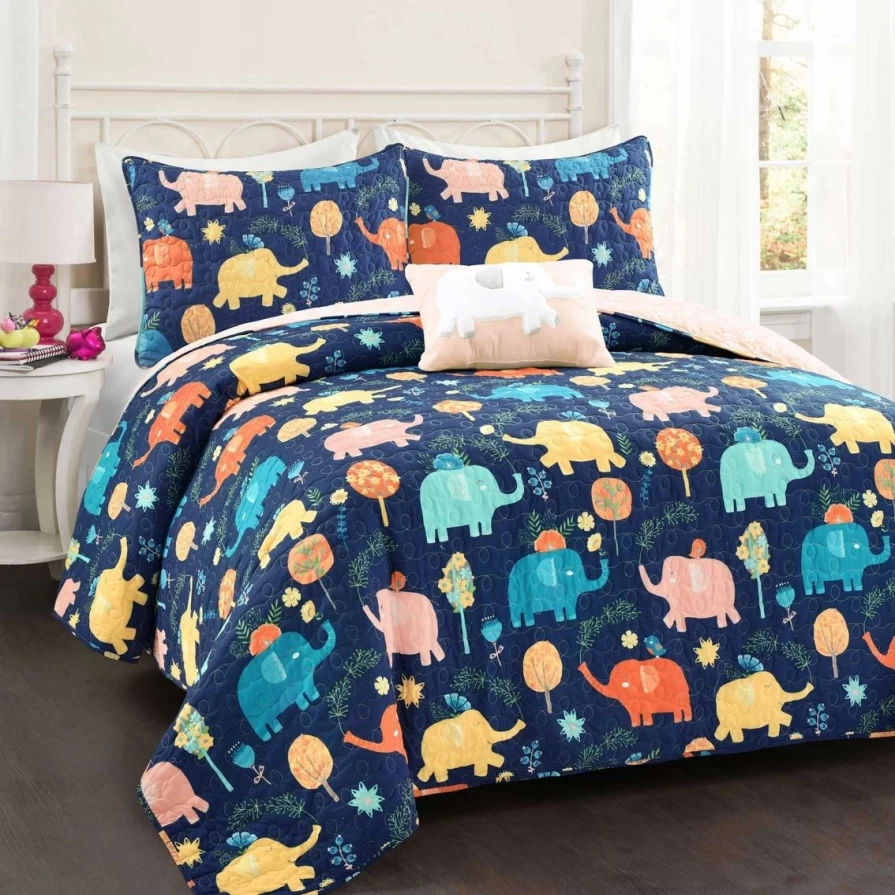 Lush Decor Hygge Elephant Quilt Set - White & Multi Color Cozy Bedding | Limited Time Flash Sale