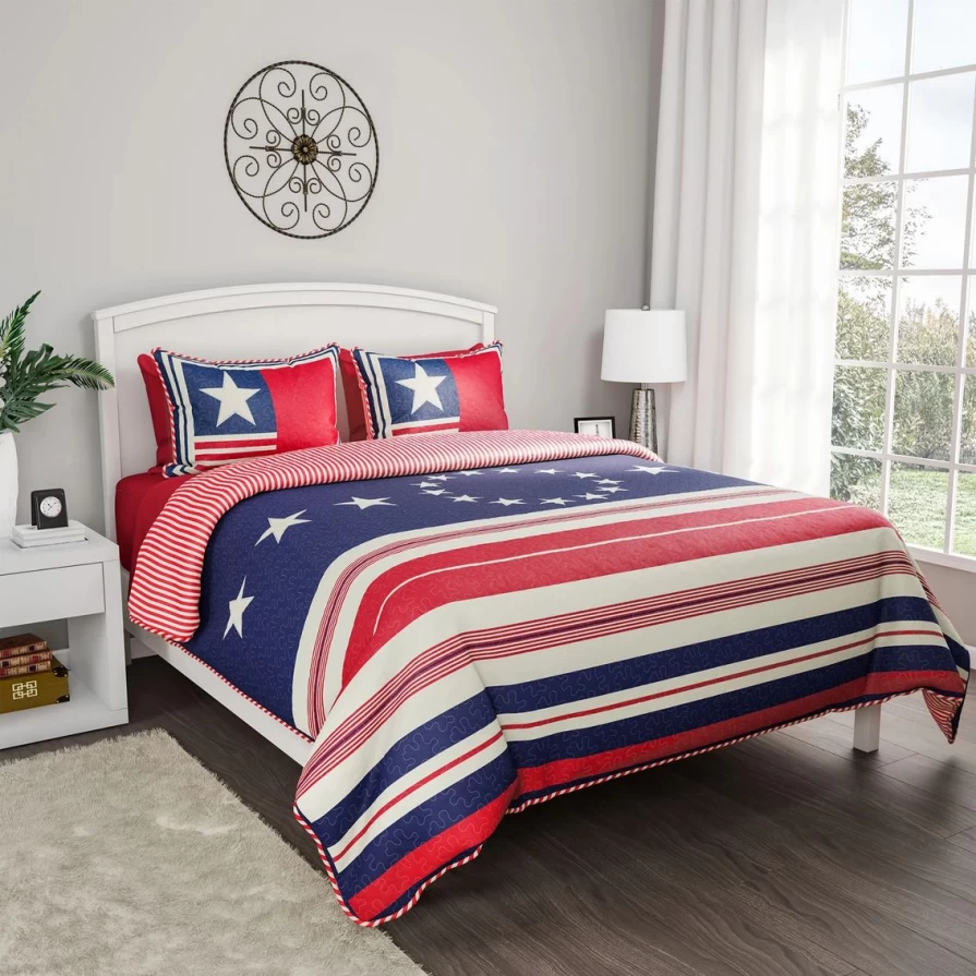 "Patriotic Americana Flag Print 3-Piece Quilt Set - Red, White & Blue Bedding"