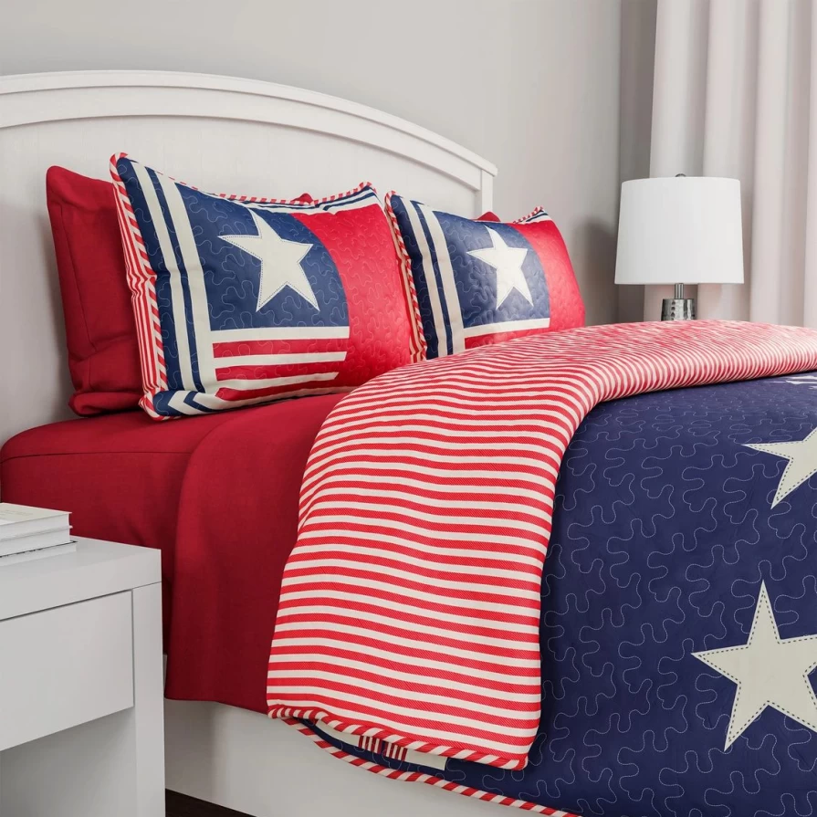"Patriotic Americana Flag Print 3-Piece Quilt Set - Red, White & Blue Bedding"