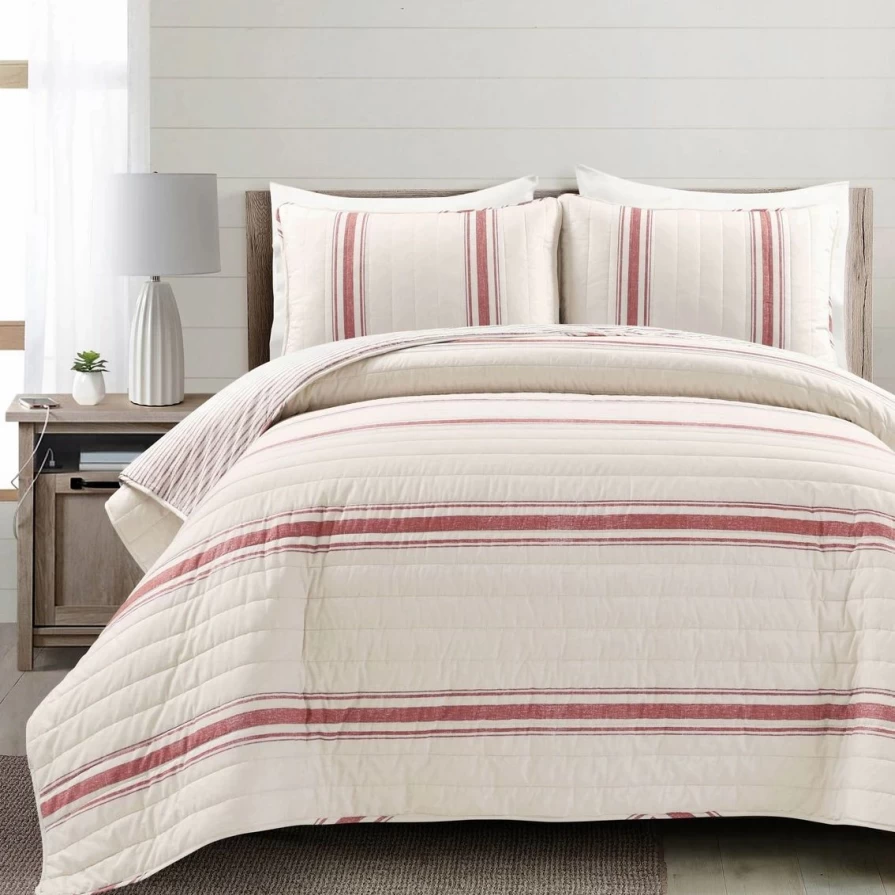 "Lush Decor Martex Reversible 3-Piece Farmhouse Stripe Cotton Quilt Set - Best Comfort & Style"