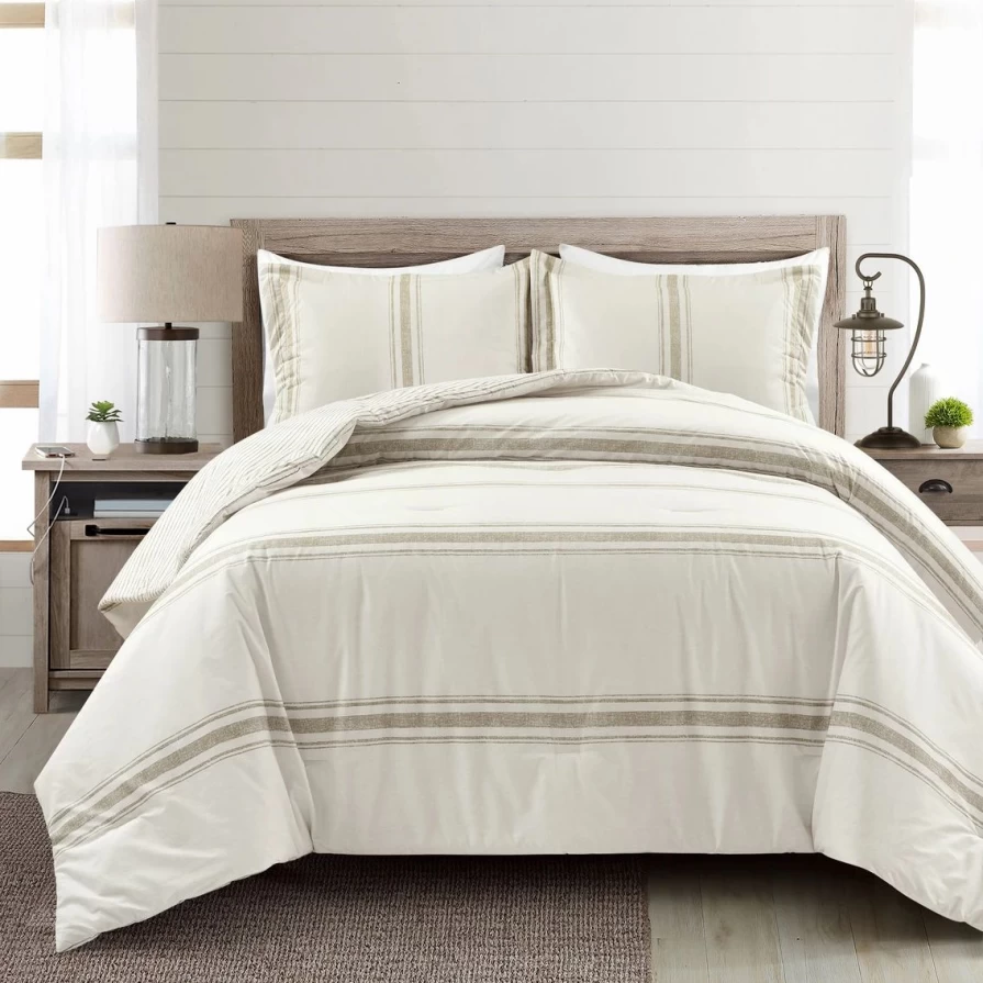 "Lush Decor Reversible Cotton Comforter Set - Farmhouse Stripe Design in Neutral Colors"