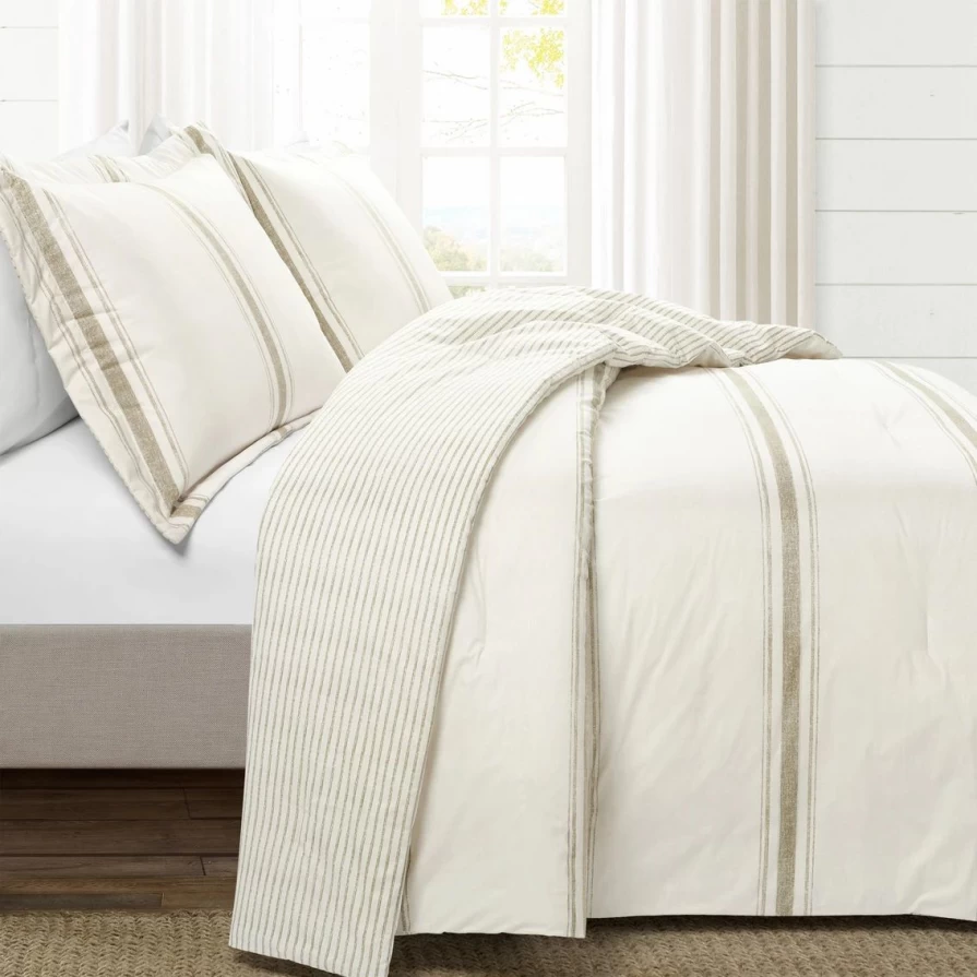 "Lush Decor Reversible Cotton Comforter Set - Farmhouse Stripe Design in Neutral Colors"