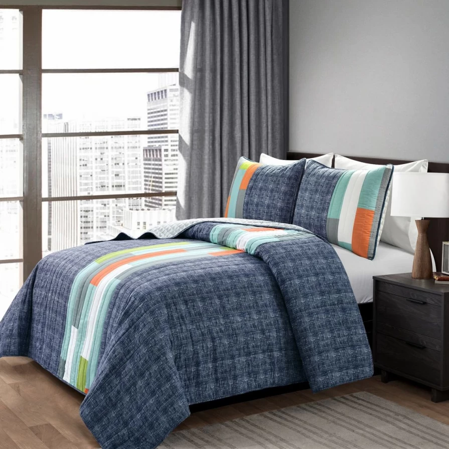 Lush Decor Shelly Stripe 3-Piece Quilt Set in Navy/Orange - Coastal Stripe Bedding Collection