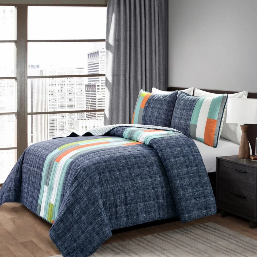 Lush Decor Shelly Stripe 3-Piece Quilt Set in Navy/Orange - Coastal Stripe Bedding Collection