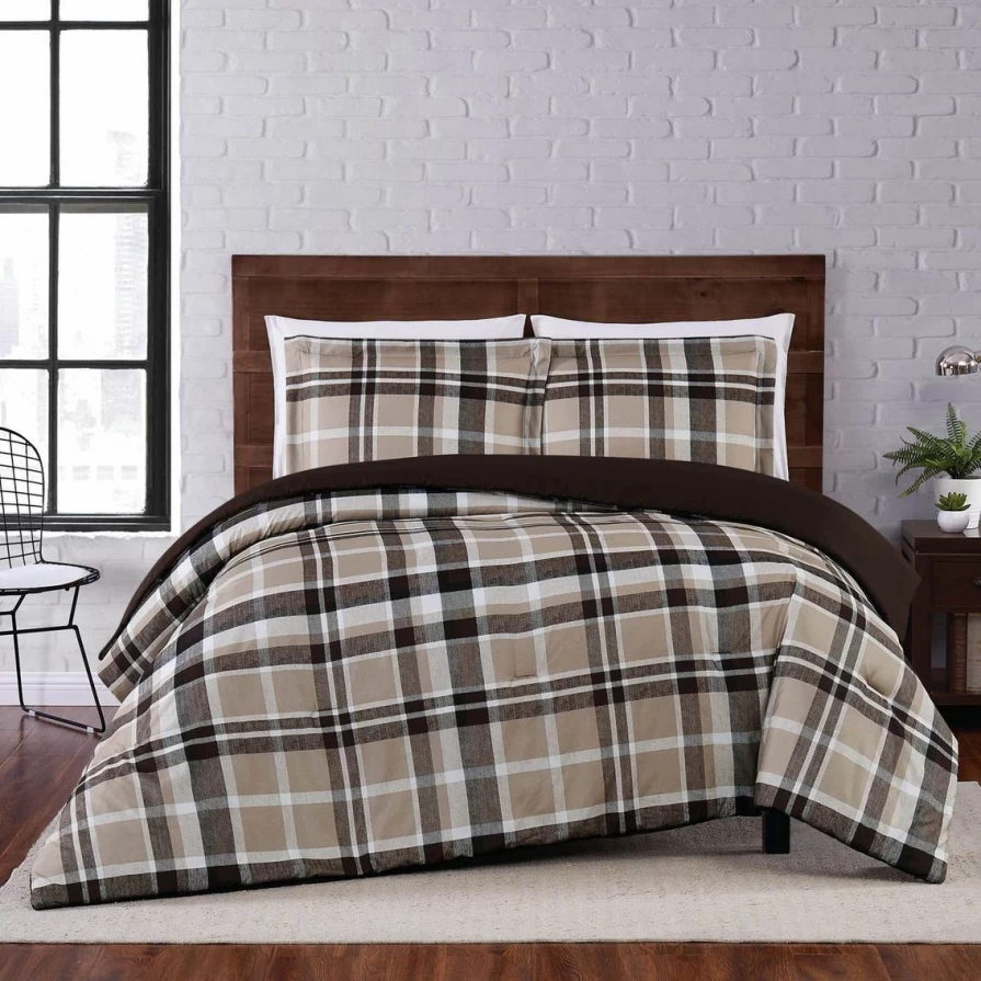 "Premium 3-Piece Taupe Plaid Comforter Set – Ultra Soft & Cozy Bedding Collection"