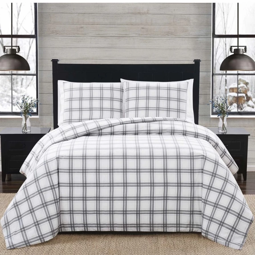 London Fog Grey Plaid 3-Piece Flannel Comforter Set - Cozy Bedding Collection