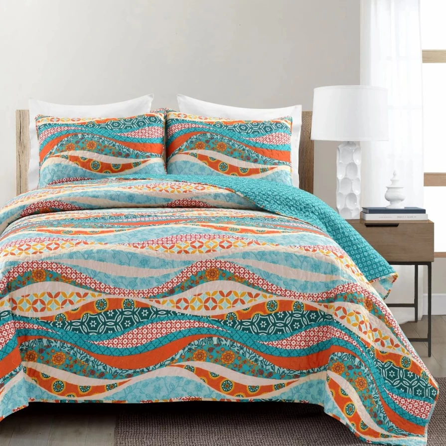 Lush Decor Hailey Reversible 3-Piece Quilt Set - Turquoise Multi Watercolor Wave Design, Cotton Bedding