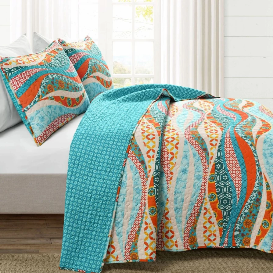 Lush Decor Hailey Reversible 3-Piece Quilt Set - Turquoise Multi Watercolor Wave Design, Cotton Bedding