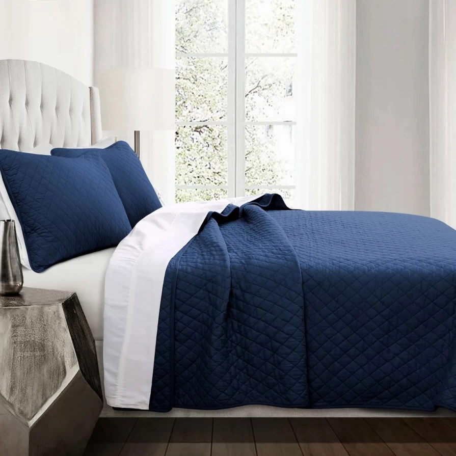 Navy Blue Oversized 3-Piece Cotton Quilt Set - Diamond Pattern Luxury Bedding Collection