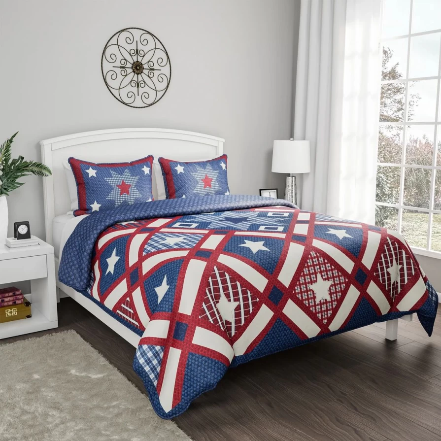 "Patriotic Americana 3-Piece Quilt Set for Home - Brand New Luxury Bedding"