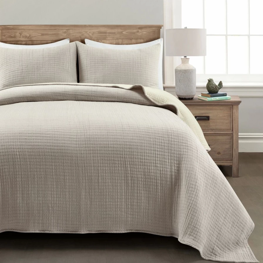 Lush Decor Solid Kantha Stitch Yarn-Dyed Cotton 3-Piece Quilt Set - Premium Bedding Collection