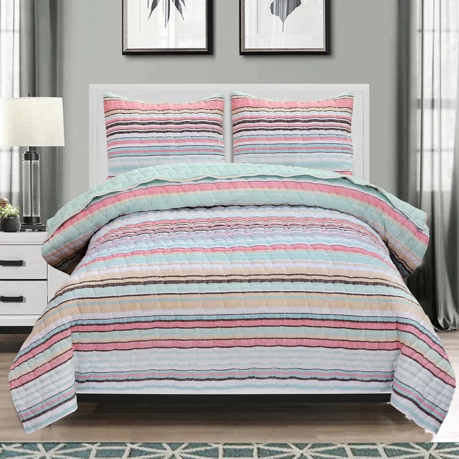 Reversible Seersucker Striped Quilt Set - Cotton Blend Bedding, Breathable & Comfortable