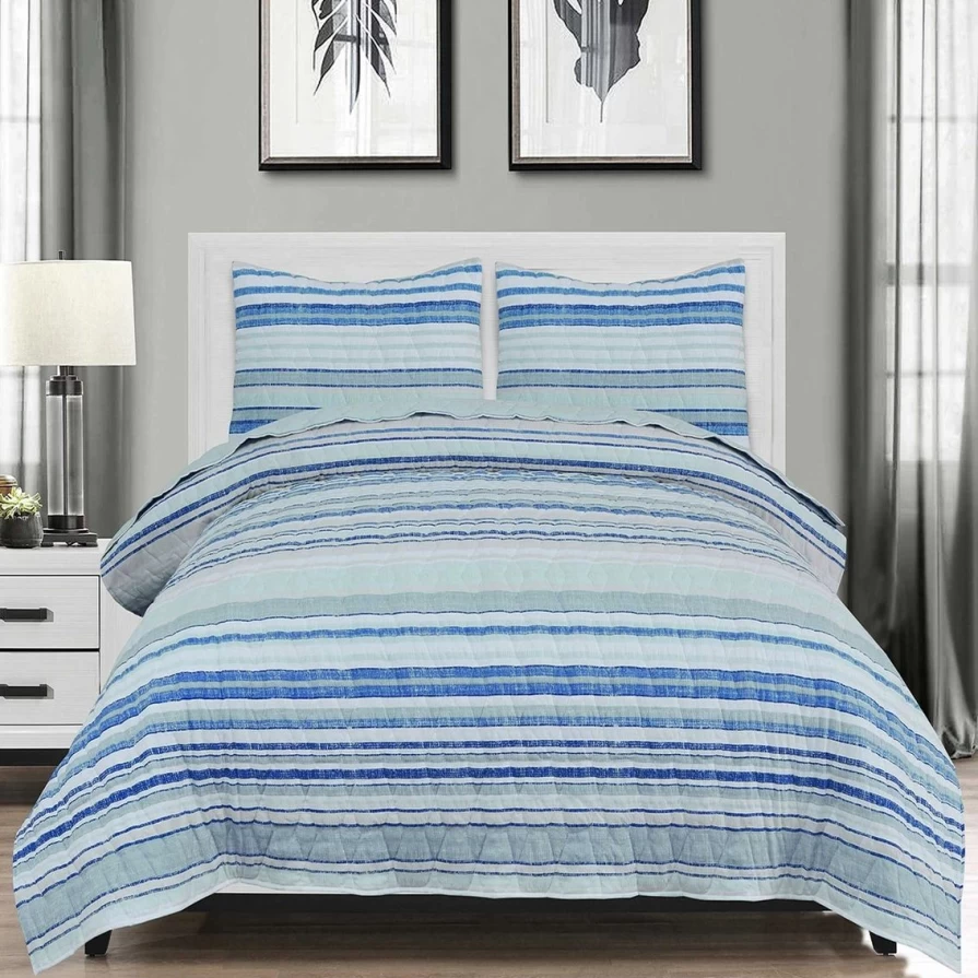 Reversible Seersucker Striped Quilt Set - Cotton Blend Bedding, Breathable & Comfortable