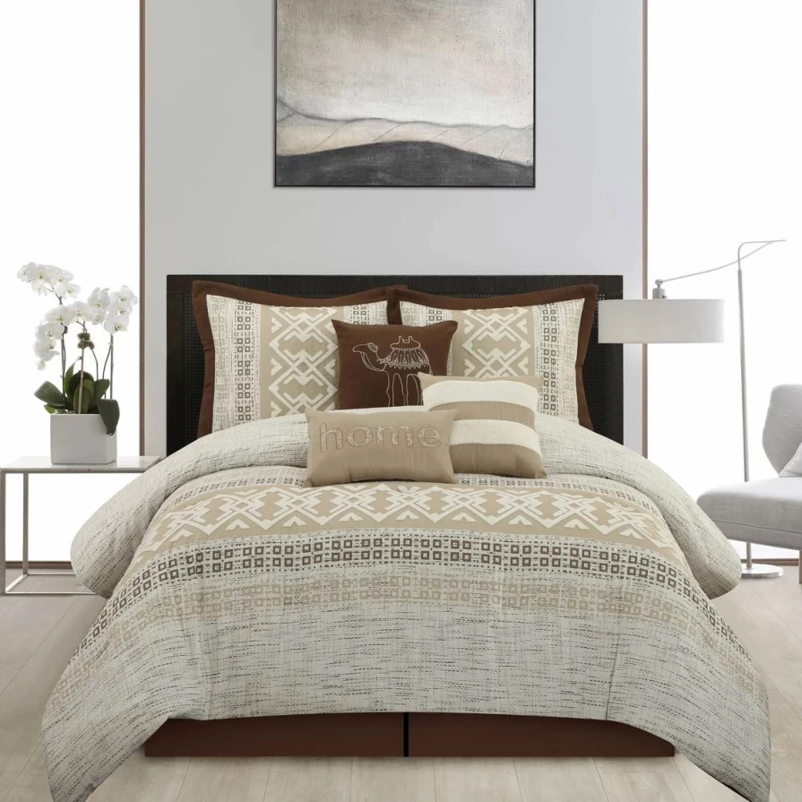 Modern Geometric Taupe Comforter Set 7-Piece with Luxury Design for Elegant Bedroom Decor
