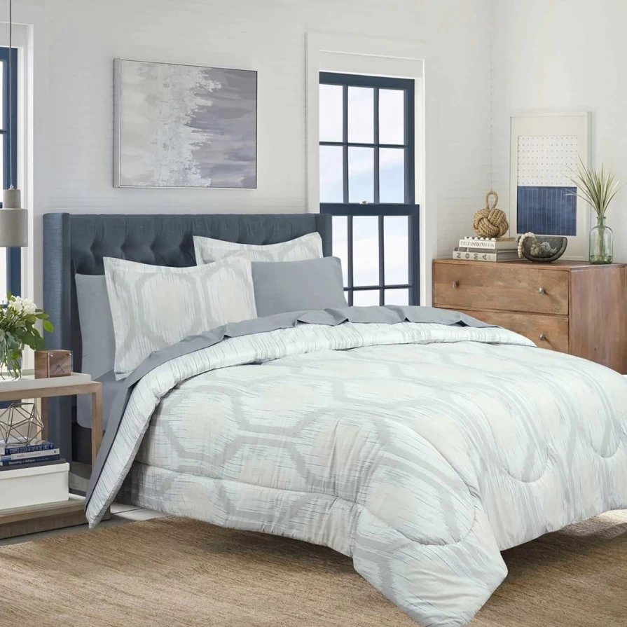 Gray Hexagon Stripe Comforter Set - Royale Linens Bed in a Bag