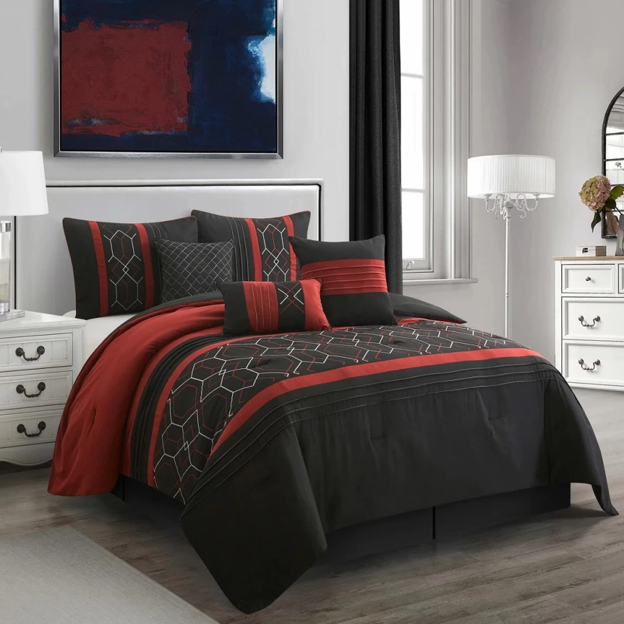 Nanshing 7-Piece Comforter Set in Black/Wine - Premium Bedding Collection by Nanshing America Inc