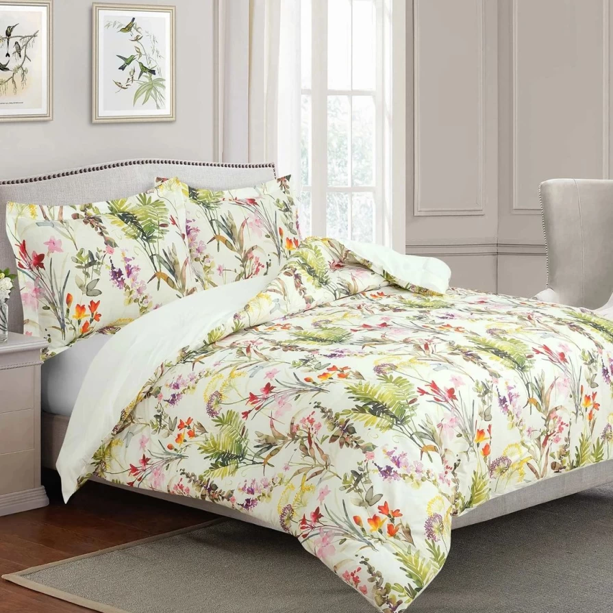 "Royale Linens 3-Piece Comforter Set - Watercolor Floral Leaf Print, Multi-Color Garden Design"