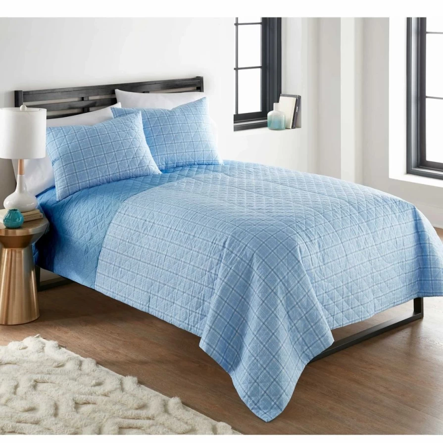 "Promo Shavel 6-in-1 Seersucker Quilt Set - Carlton Plaid Blue Home Bedding Collection"