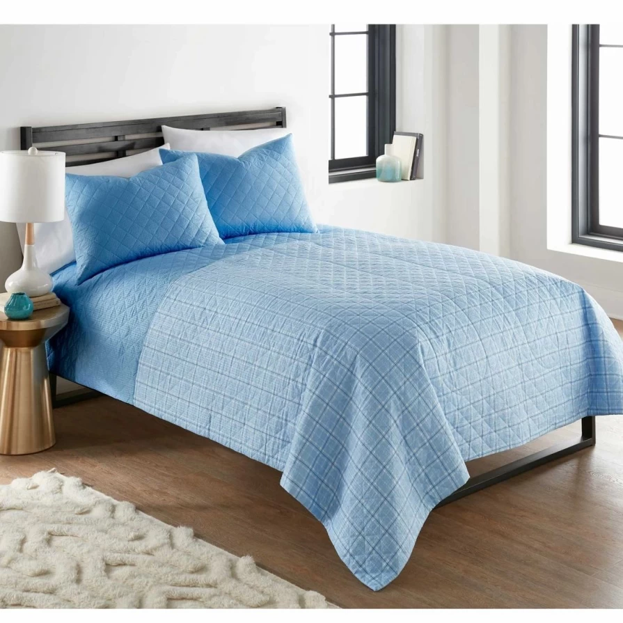 "Promo Shavel 6-in-1 Seersucker Quilt Set - Carlton Plaid Blue Home Bedding Collection"