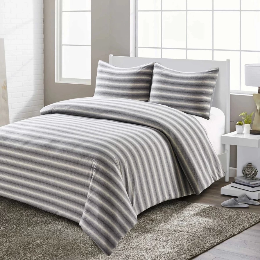 "Super Soft Shadow Stripe Jersey Twin Comforter Set in Gray and White - Cozy Bedding Promotion"