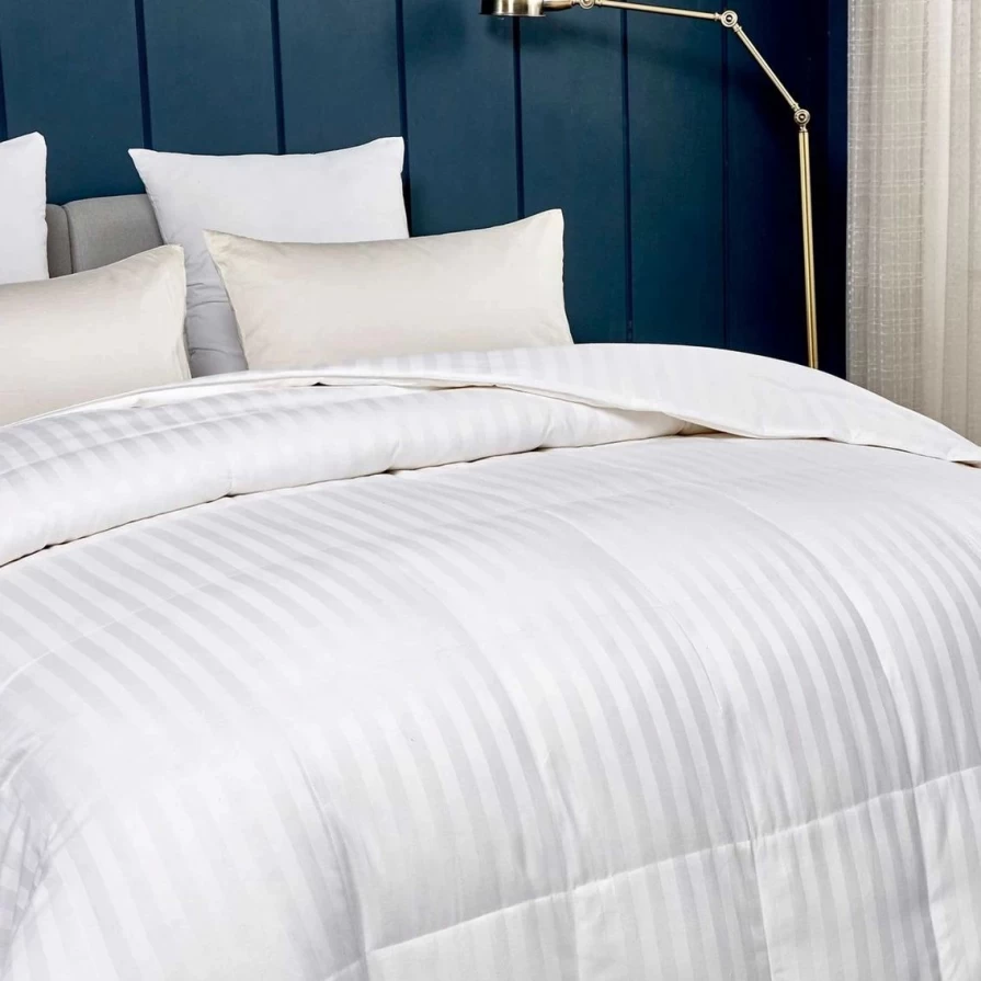 White Down-Alternative Comforter - 350 Thread Count Damask Stripe Cotton Cover - Blue Ridge Home Fashions Wholesale