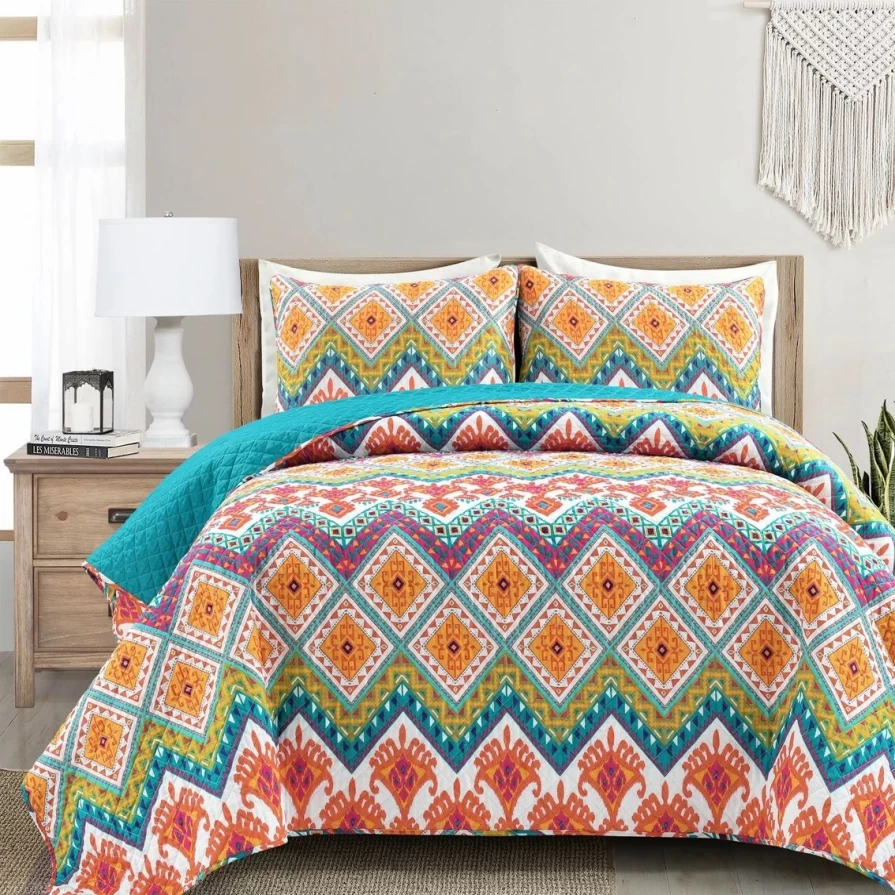 Boho Chevron Reversible 3-Piece Quilt Set in Turquoise & Multi Colors - Soft Cotton Bedding