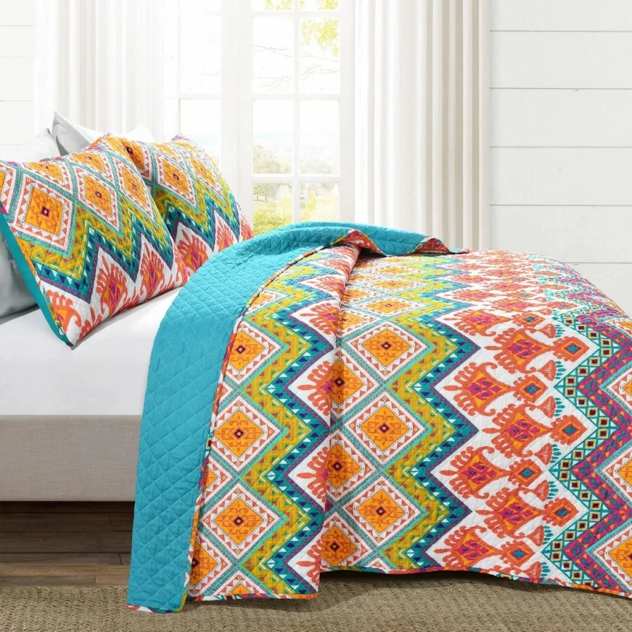 Boho Chevron Reversible 3-Piece Quilt Set in Turquoise & Multi Colors - Soft Cotton Bedding