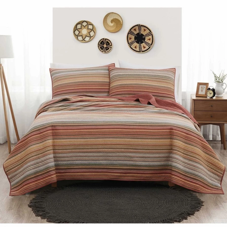 "Premium Brooklyn Loom Sunset Stripe Yarn-Dyed Quilt Set - Brand New Luxury Bedding"