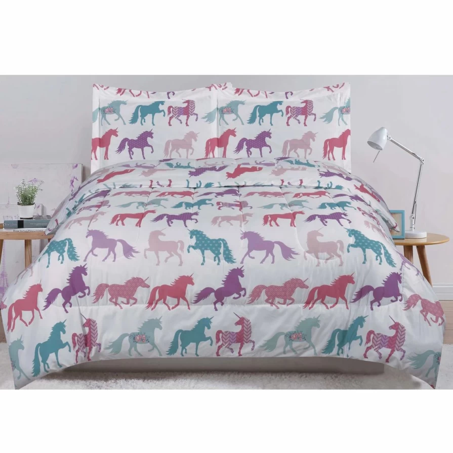 Unicorn Dream Twin Comforter Set - 2 Piece White & Multicolor Bedding for Kids