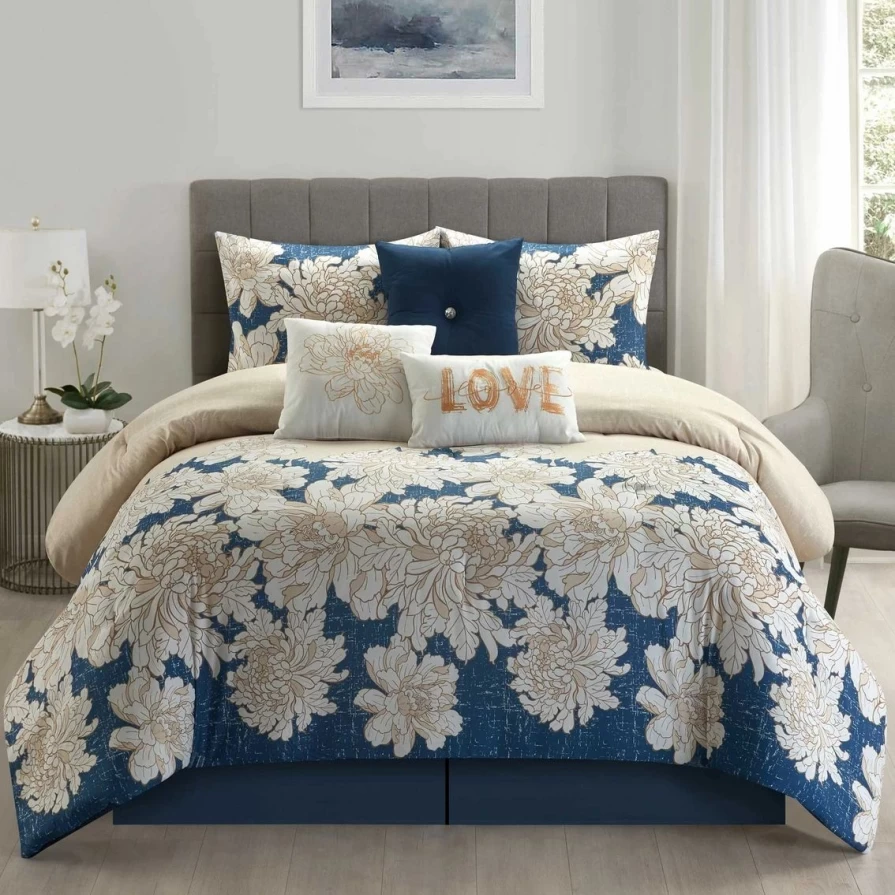 Luxury 7-Piece Beige & Blue Comforter Set - Premium Bedding Collection