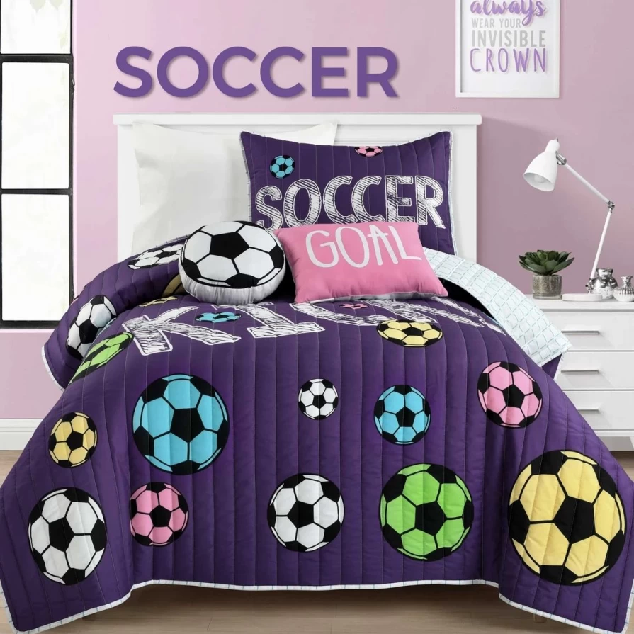 Purple Soccer Themed Quilt Set for Girls - Lush Decor Kick Quilt with Coupon