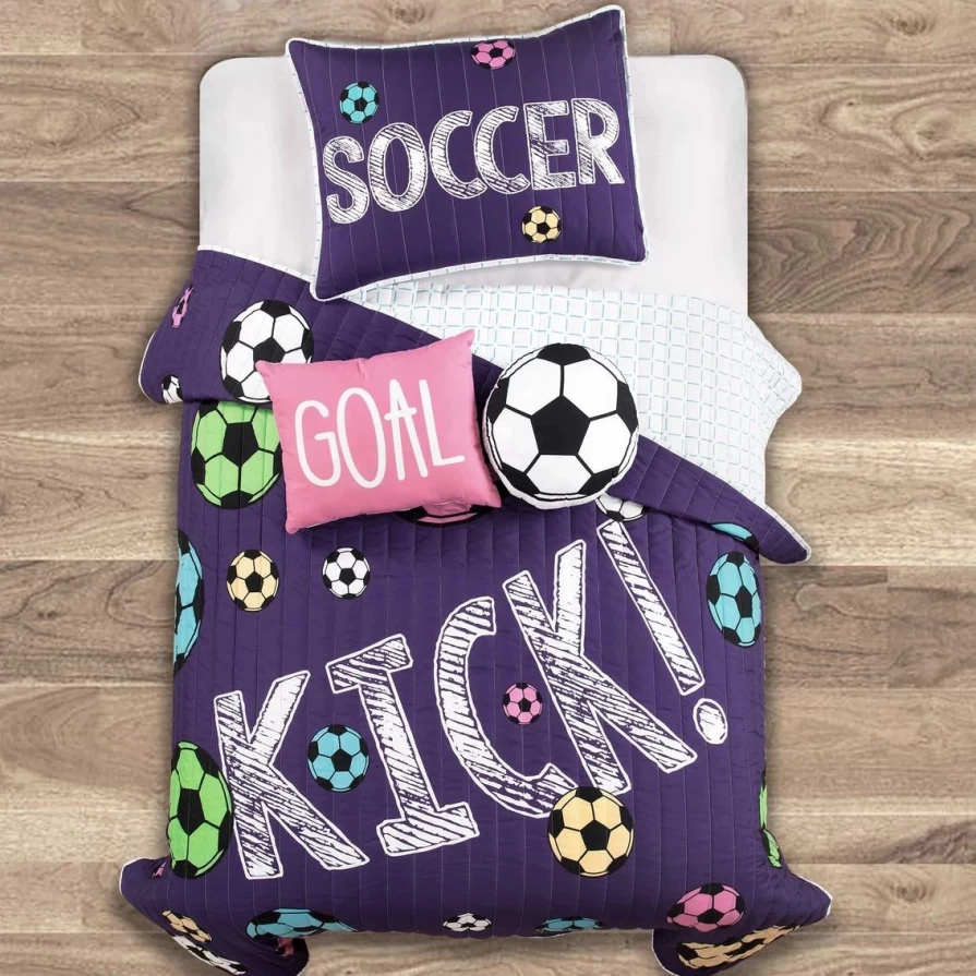 Purple Soccer Themed Quilt Set for Girls - Lush Decor Kick Quilt with Coupon