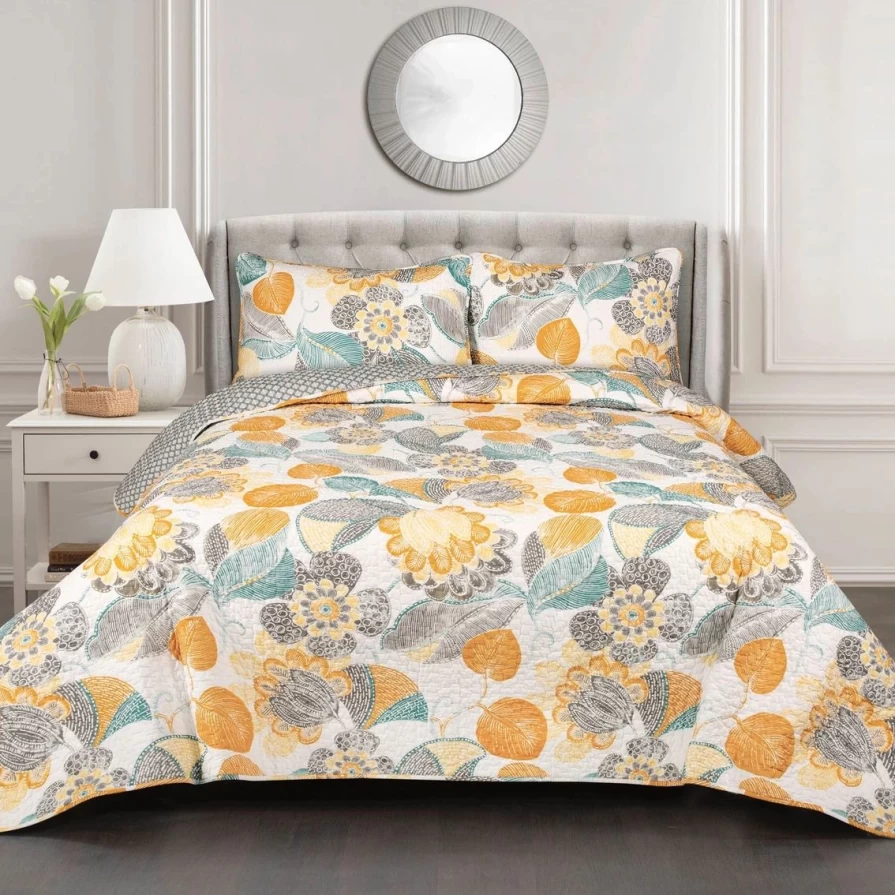 Layla 3-Piece King Quilt Set in Yellow and Gray - Wholesale Home Decor Bedding