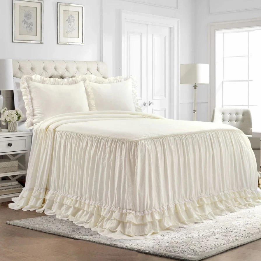 "Ella Shabby Chic 3-Piece Bedspread Set with Ruffle Lace - Premium Bedding Collection"