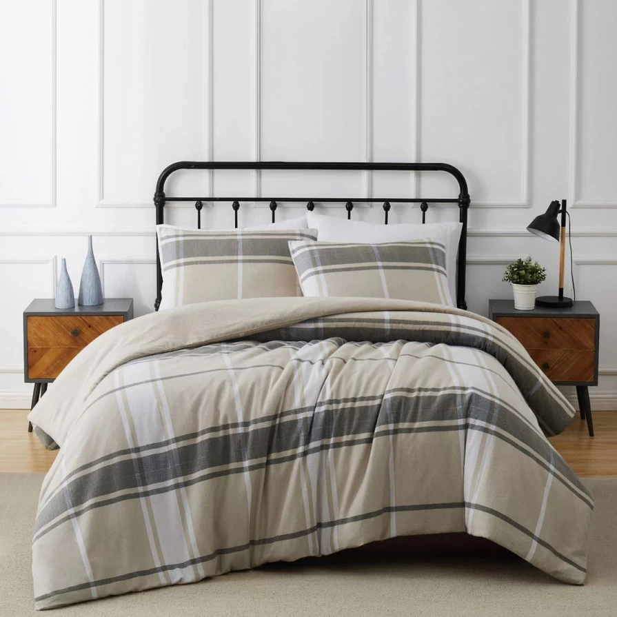 Khaki Preston Plaid Flannel Duvet Cover Set - Ultra Soft & Cozy Bedding