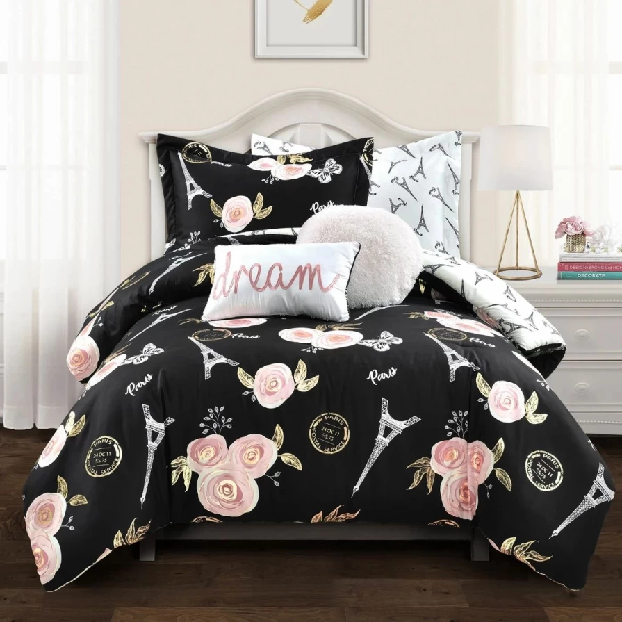 Vintage Paris Rose Floral Butterfly 7-Piece Comforter Set - Luxury Bedding Collection