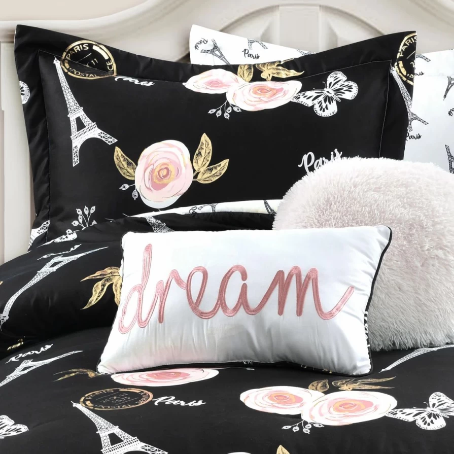 Vintage Paris Rose Floral Butterfly 7-Piece Comforter Set - Luxury Bedding Collection