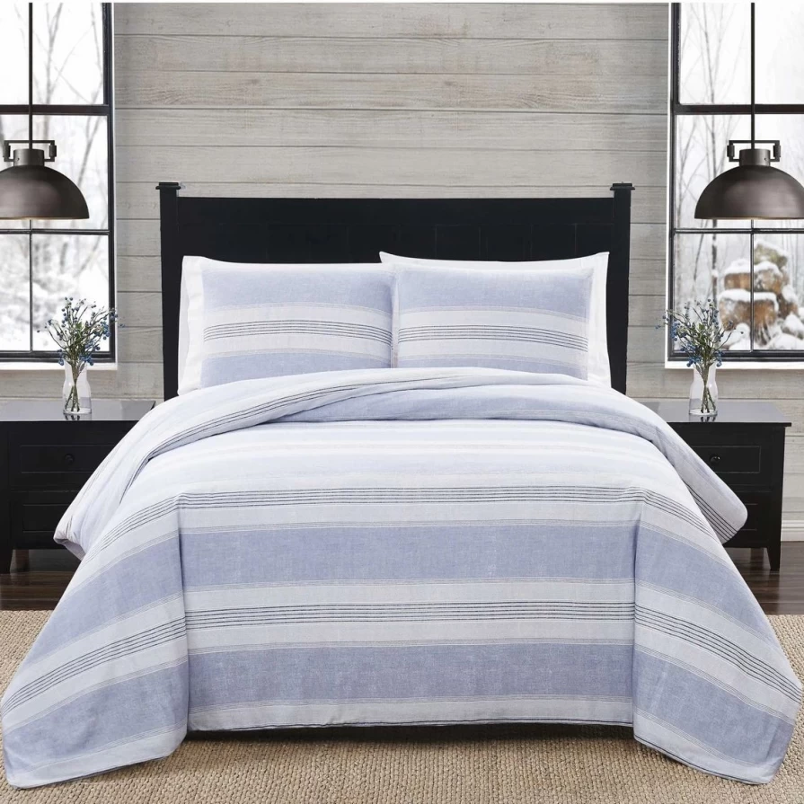 London Fog Blue Stripe 3-Piece Flannel Comforter Set – Premium Soft Bedding, Cozy & Warm